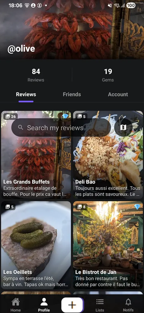 A grid of your own reviews, each one a food photo captioned with the venue name.