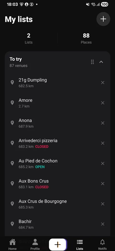 A list called 'To try' holding 87 venues, each with its distance and whether it is open.