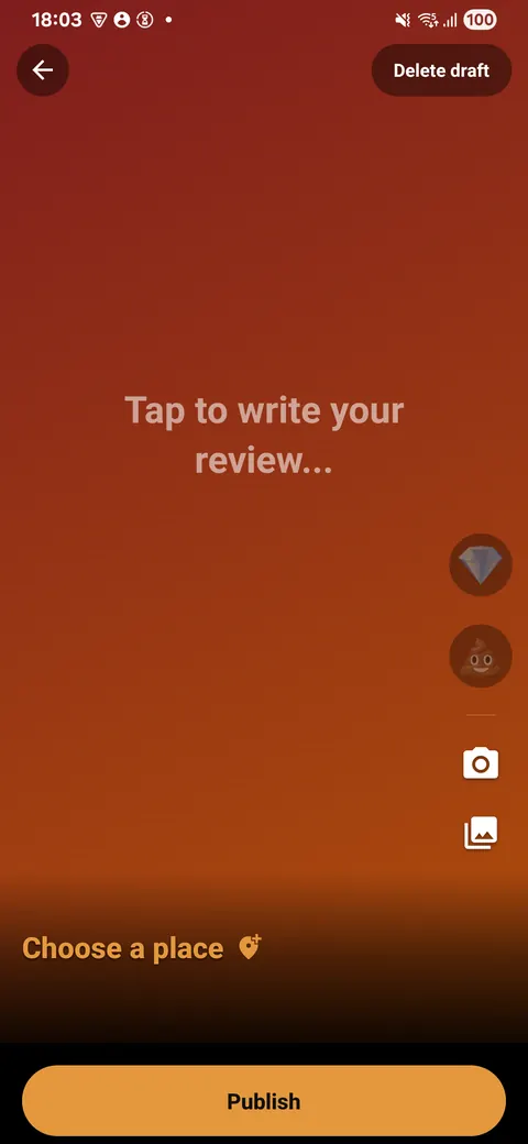 The review composer: a warm empty screen reading 'Tap to write your review', with camera, gallery and Publish controls.